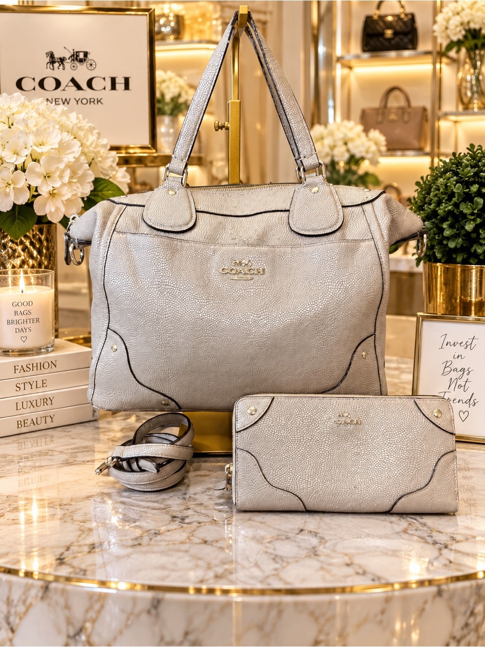 COACH Metallic Silver Pebbled Leather Shoulder Tote with Wallet Wear see photo